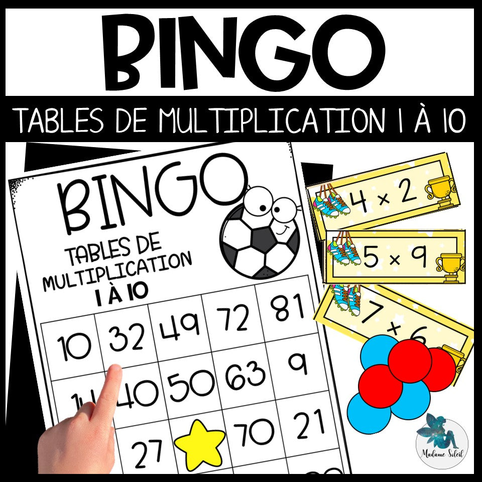Bingo des multiplications du soccer : Tables de 1 à 10