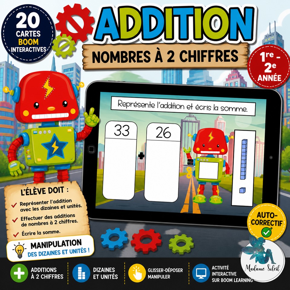 Addition de nombres à 2 chiffres 0-60 | Boom Cards | Madame Soleil