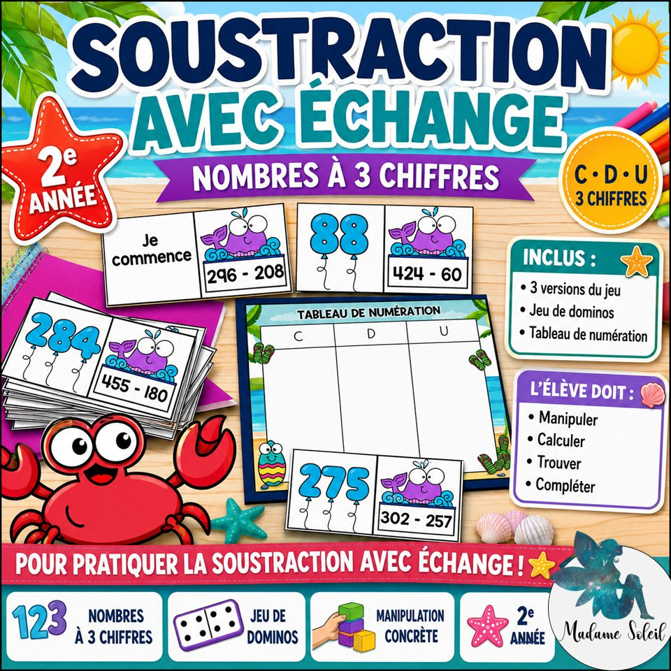 Soustraction avec échange en 2e année - Les dominos
