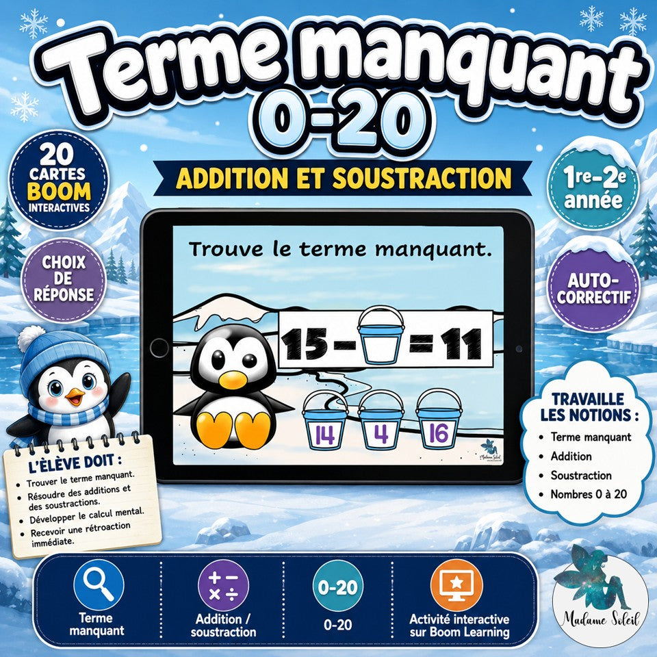 Terme manquant 0-20 chez les pinguins BOOM CARDS