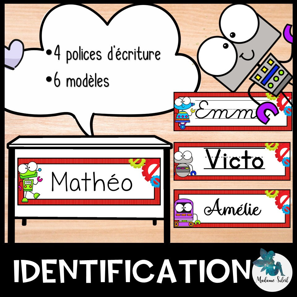 Étiquettes d'identification de nom – Thème robot fond rouge