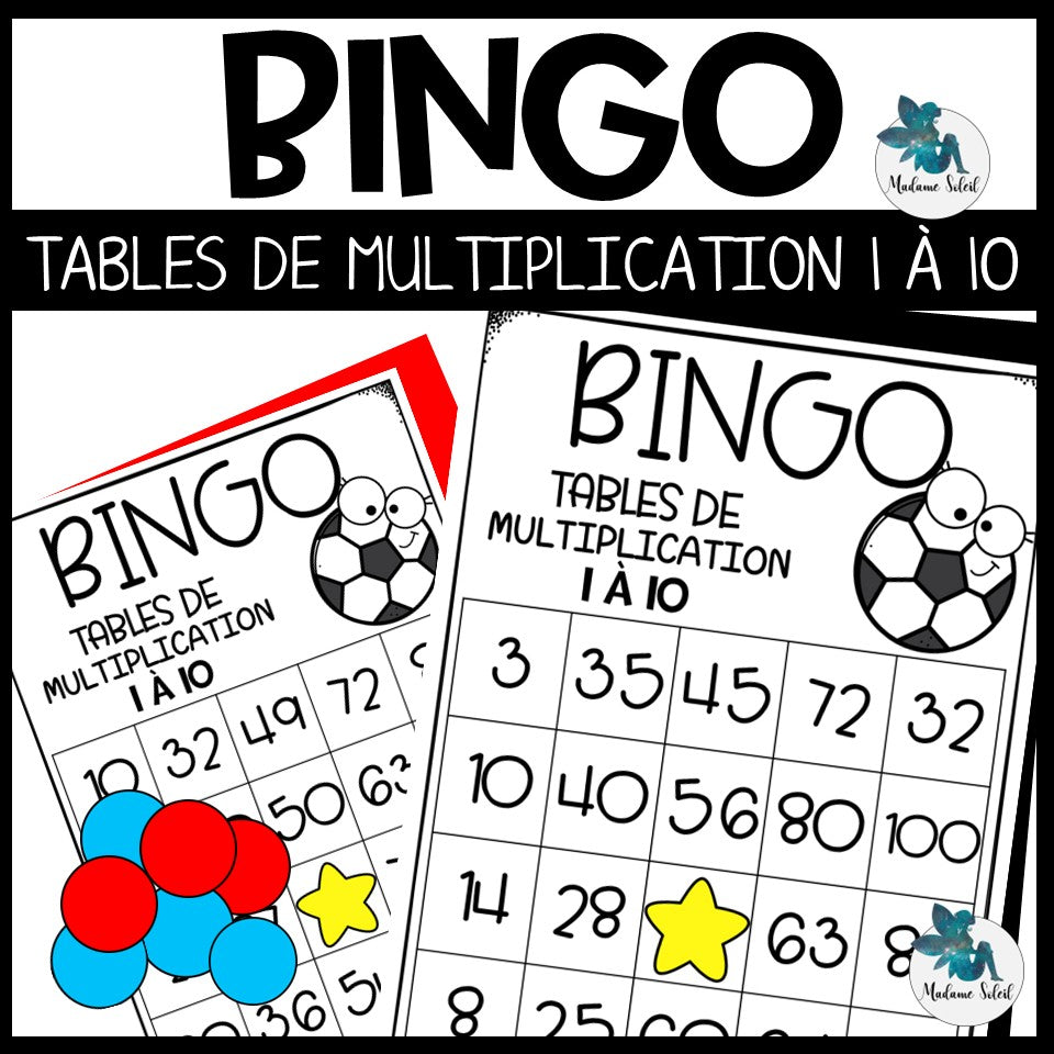 Bingo des multiplications du soccer  : Tables de 1 à 10