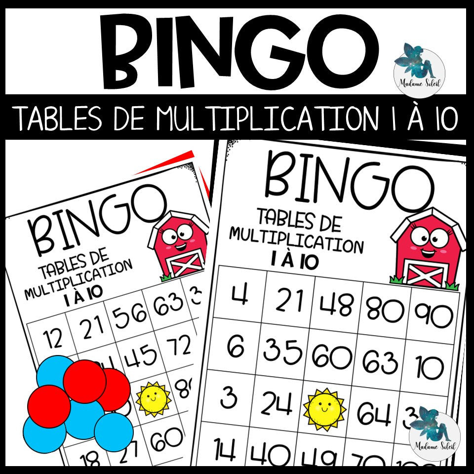 Bingo des multiplications de la ferme  : Tables de 1 à 10