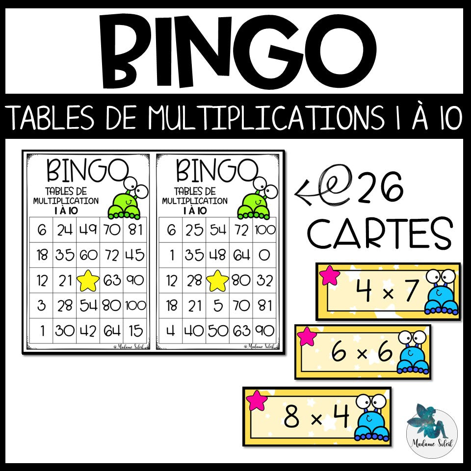 Bingo des multiplications des monstres  : Tables de 1 à 10