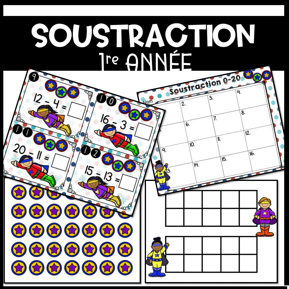 Soustraction 0-20 1re année Superhéros