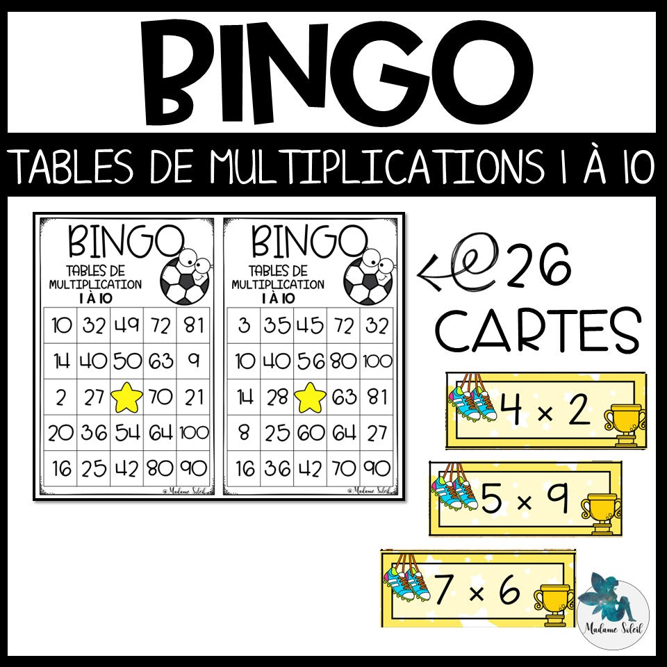 Bingo des multiplications du soccer  : Tables de 1 à 10