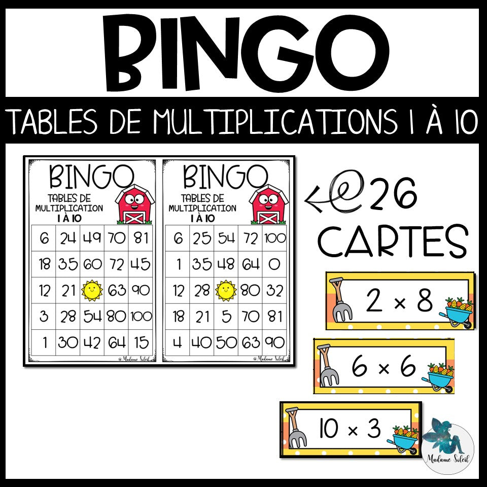 Bingo des multiplications de la ferme  : Tables de 1 à 10