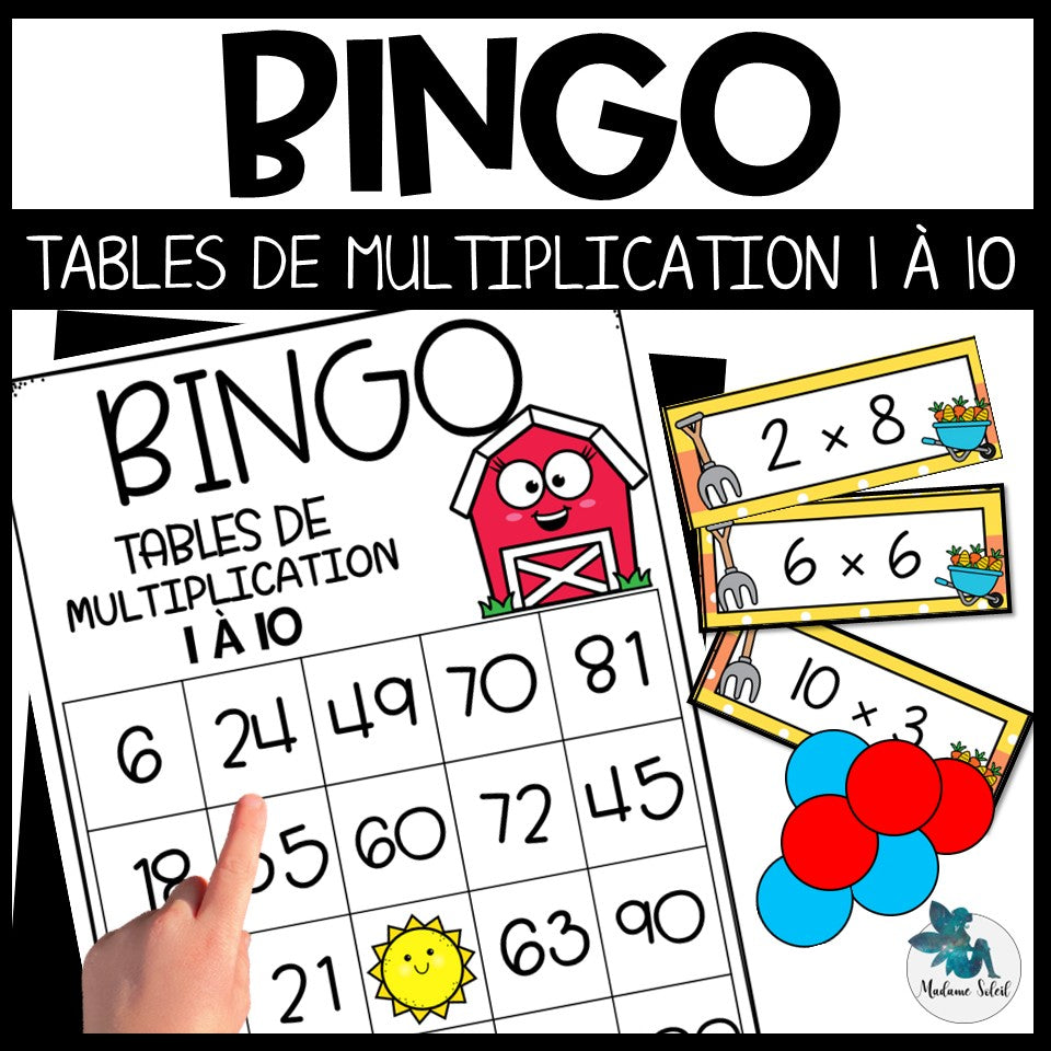 Bingo des multiplications de la ferme  : Tables de 1 à 10