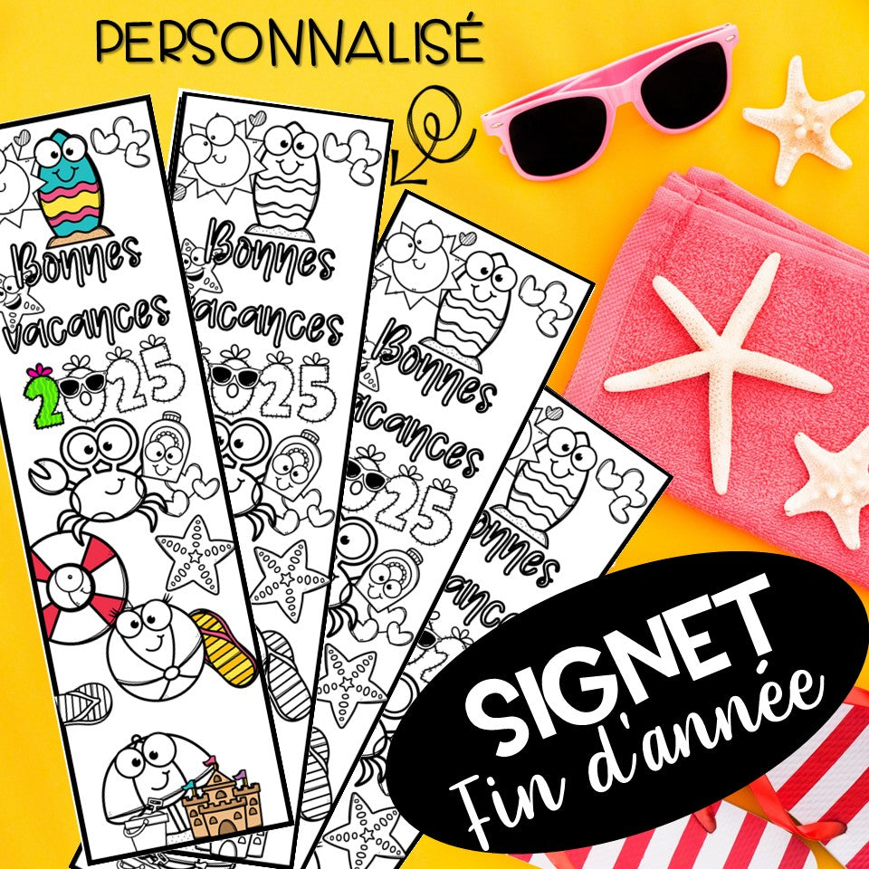 Signet de fin d’année 2025 à colorier – Thème plage