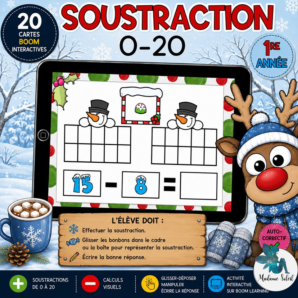 Soustraction de Noël 0-20 1re année Boom Cards
