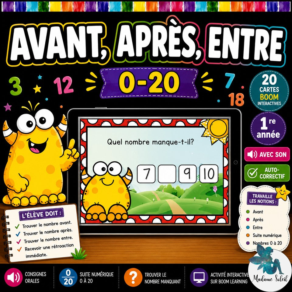 Avant, Après, Entre : nombre manquant BOOM CARDS