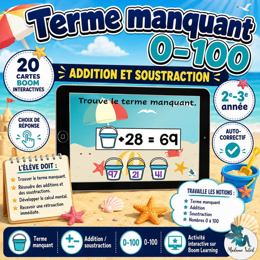 Terme manquant 0-100 à la plage / BOOM CARDS