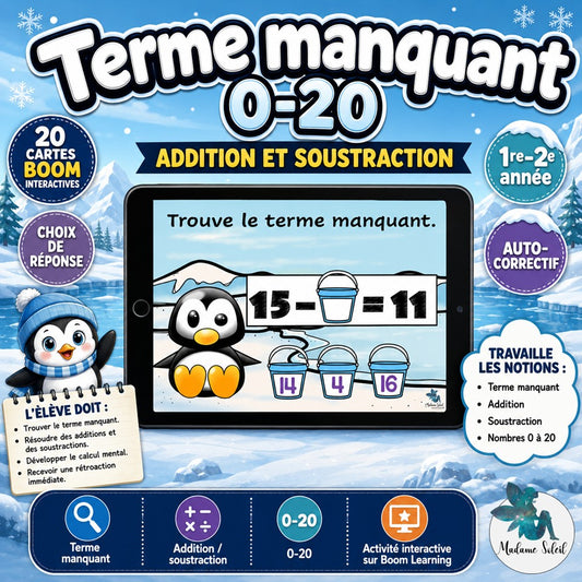 Terme manquant 0-20 chez les pinguins BOOM CARDS