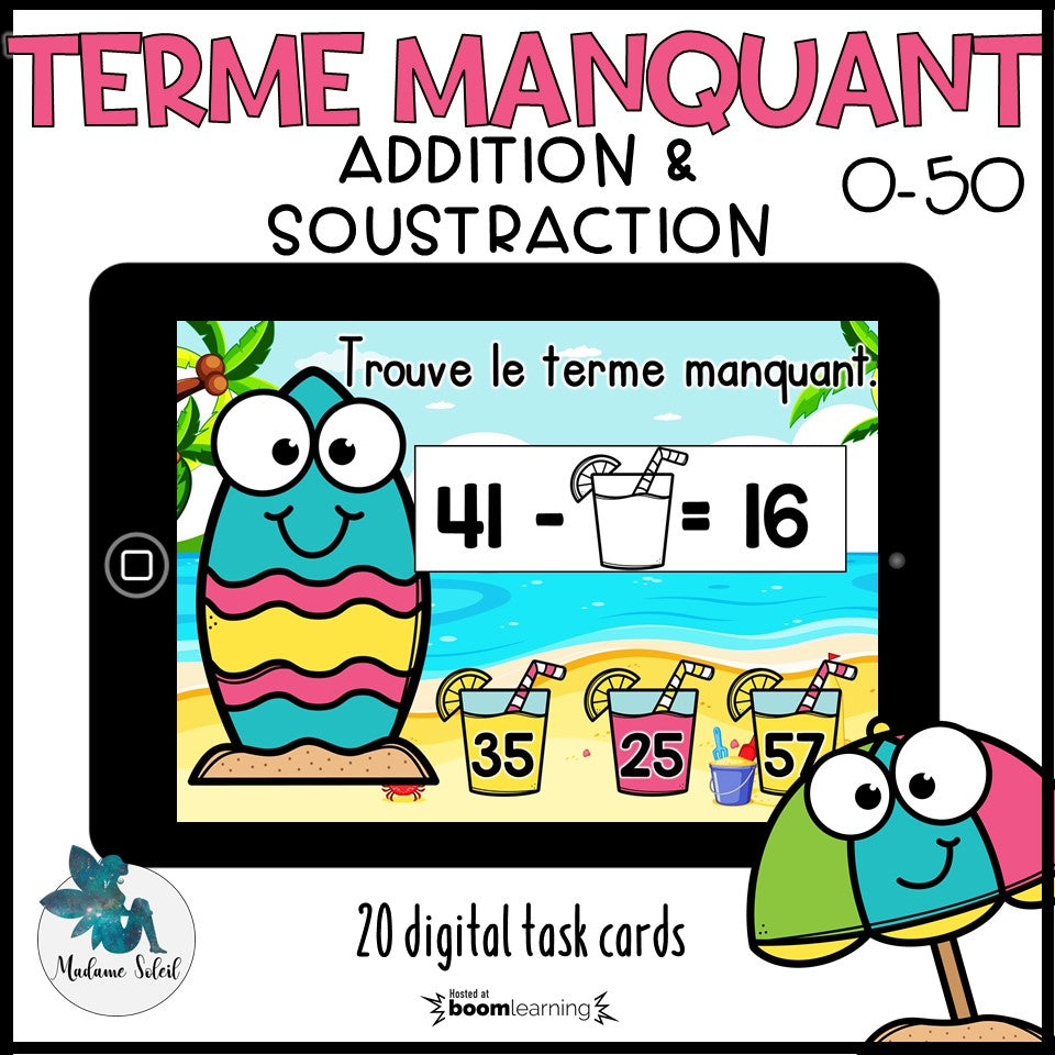 Terme manquant 0-50   Addition et soustraction – Boom Cards