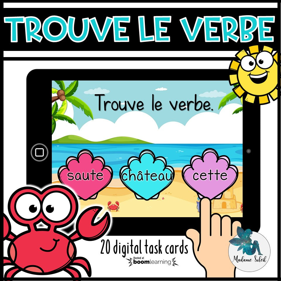 Trouve le verbe à la plage la plage – Boom Cards
